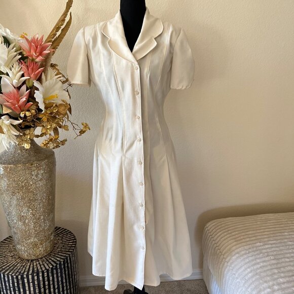 Dresses & Skirts - Handmade 1950s Vintage Single Stitch Linen Cream Pleated Button-down Dress